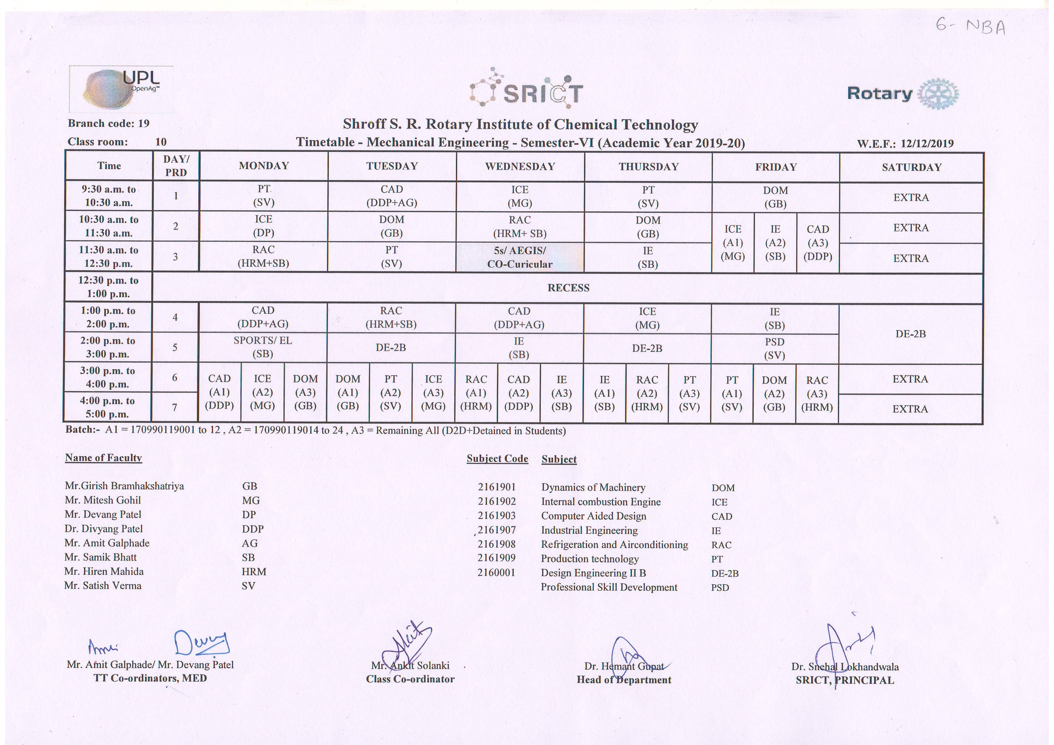 TimeTable SHROFF S. R. ROTARY INSTITUTE OF CHEMICAL TECHNOLOGY